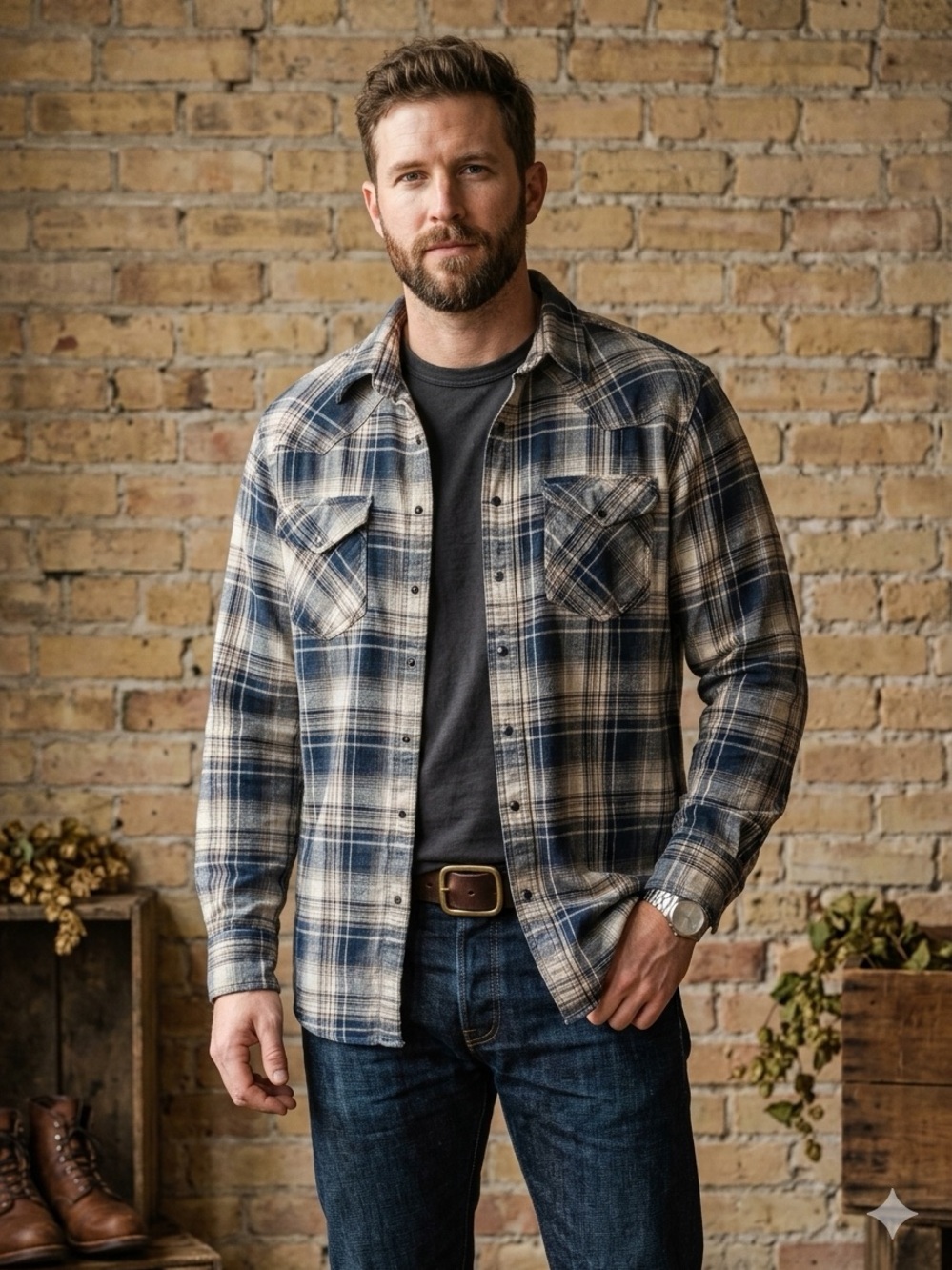 BTC Navy Blue & Cream Plaid Flannel Lumberjack Rugged Outdoors Shirt Jacket. XL